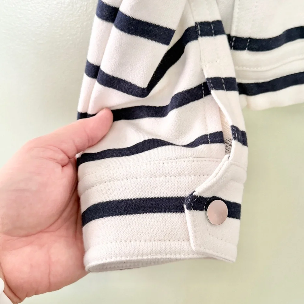 NWT Loft Striped Terry‎ Patch Pocket Jacket White Blue Women’s Size Large Petite